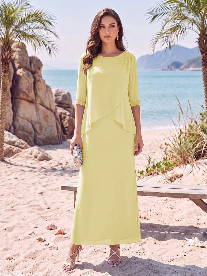 Sheath/Column Chiffon Scoop Half Sleeves Ankle-Length 2 Pieces Mother Of The Bride Dresses with Split Side