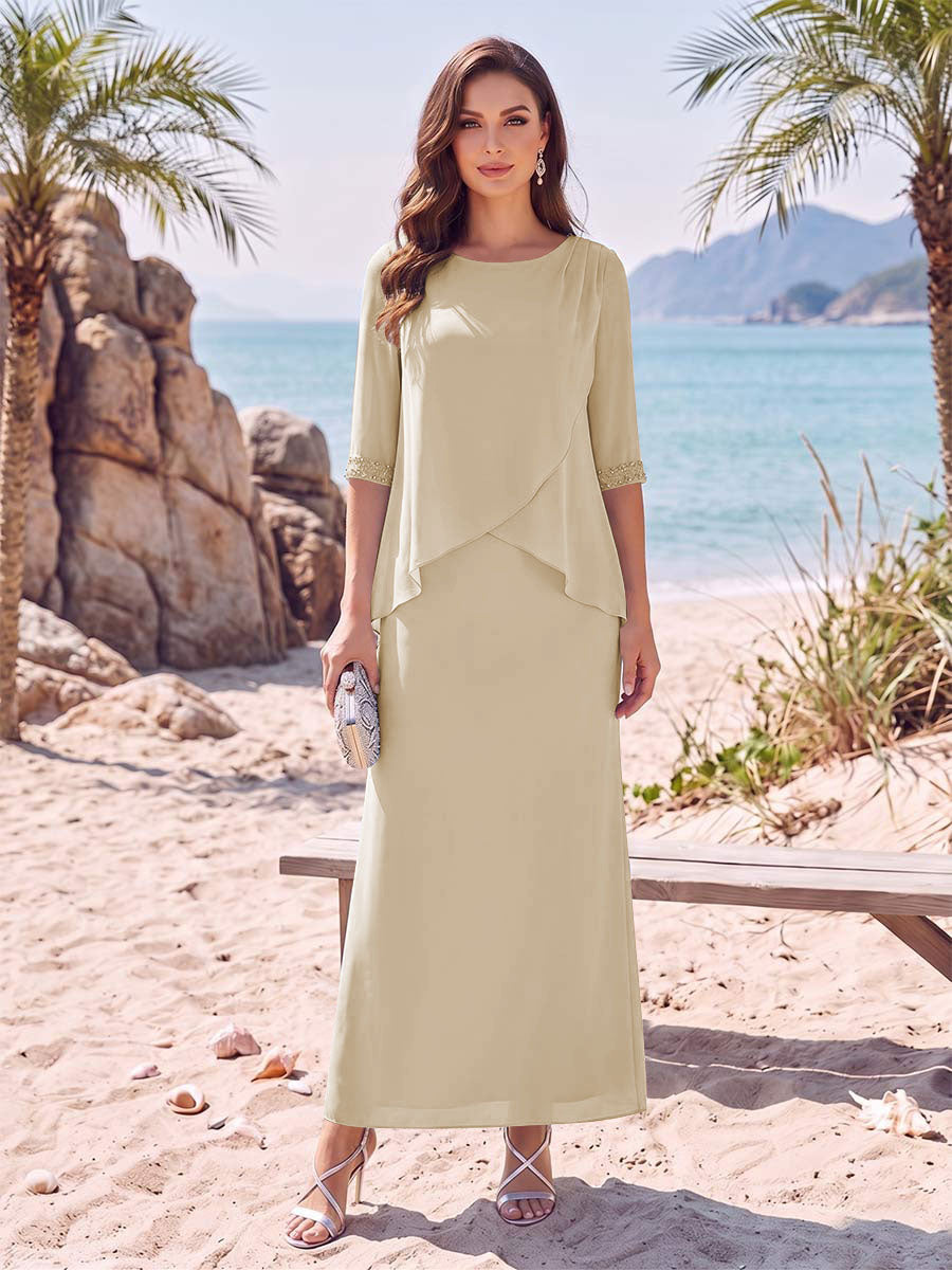 Sheath/Column Chiffon Scoop Half Sleeves Ankle-Length 2 Pieces Mother Of The Bride Dresses with Split Side