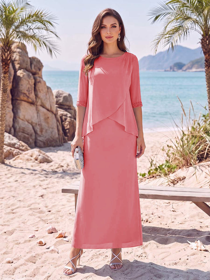 Sheath/Column Chiffon Scoop Half Sleeves Ankle-Length 2 Pieces Mother Of The Bride Dresses with Split Side