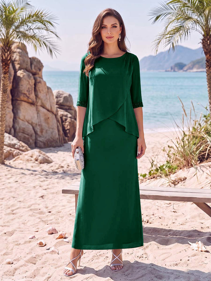 Sheath/Column Chiffon Scoop Half Sleeves Ankle-Length 2 Pieces Mother Of The Bride Dresses with Split Side