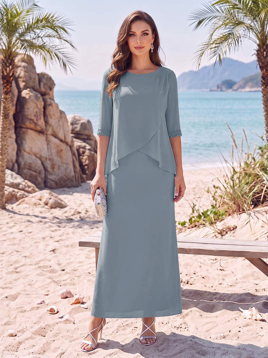 Sheath/Column Chiffon Scoop Half Sleeves Ankle-Length 2 Pieces Mother Of The Bride Dresses with Split Side