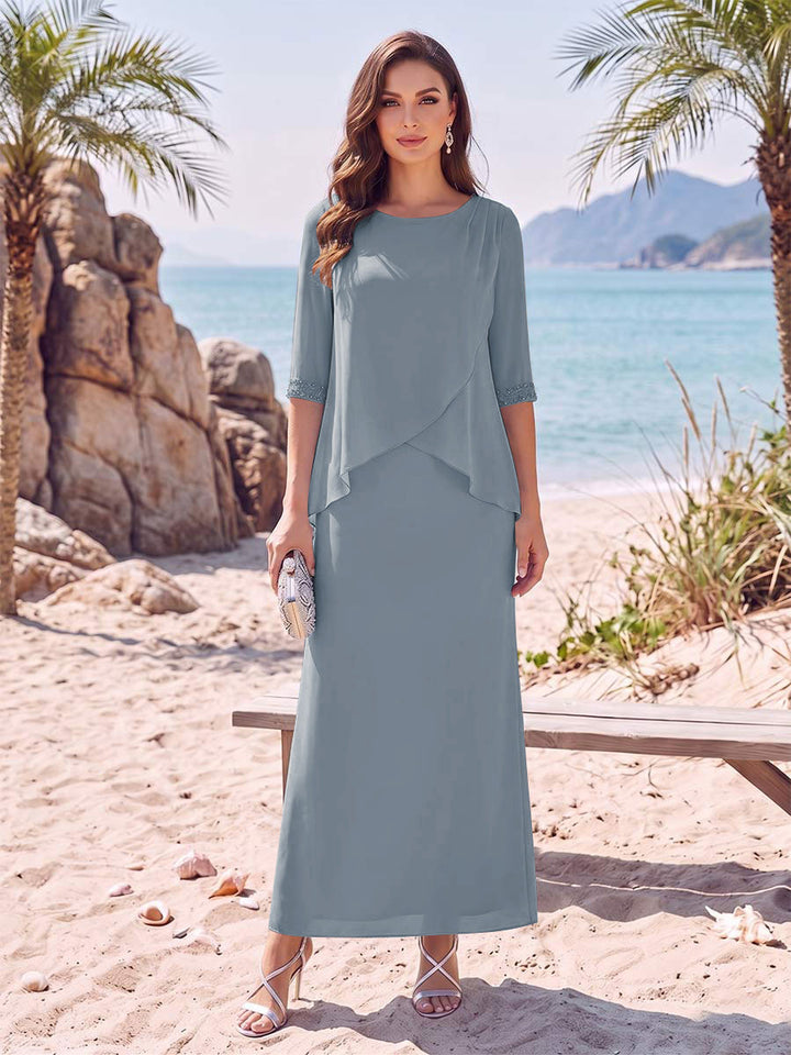 Sheath/Column Chiffon Scoop Half Sleeves Ankle-Length 2 Pieces Mother Of The Bride Dresses with Split Side