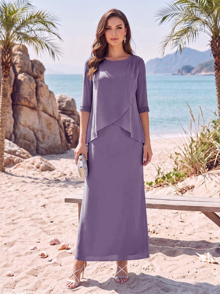 Sheath/Column Chiffon Scoop Half Sleeves Ankle-Length 2 Pieces Mother Of The Bride Dresses with Split Side