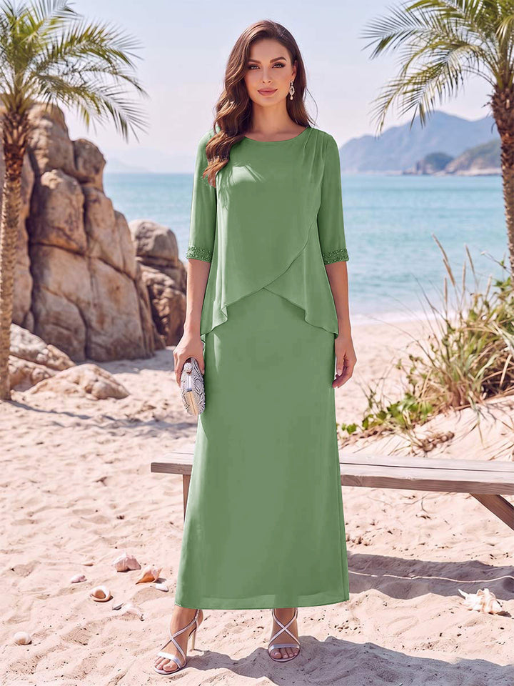 Sheath/Column Chiffon Scoop Half Sleeves Ankle-Length 2 Pieces Mother Of The Bride Dresses with Split Side