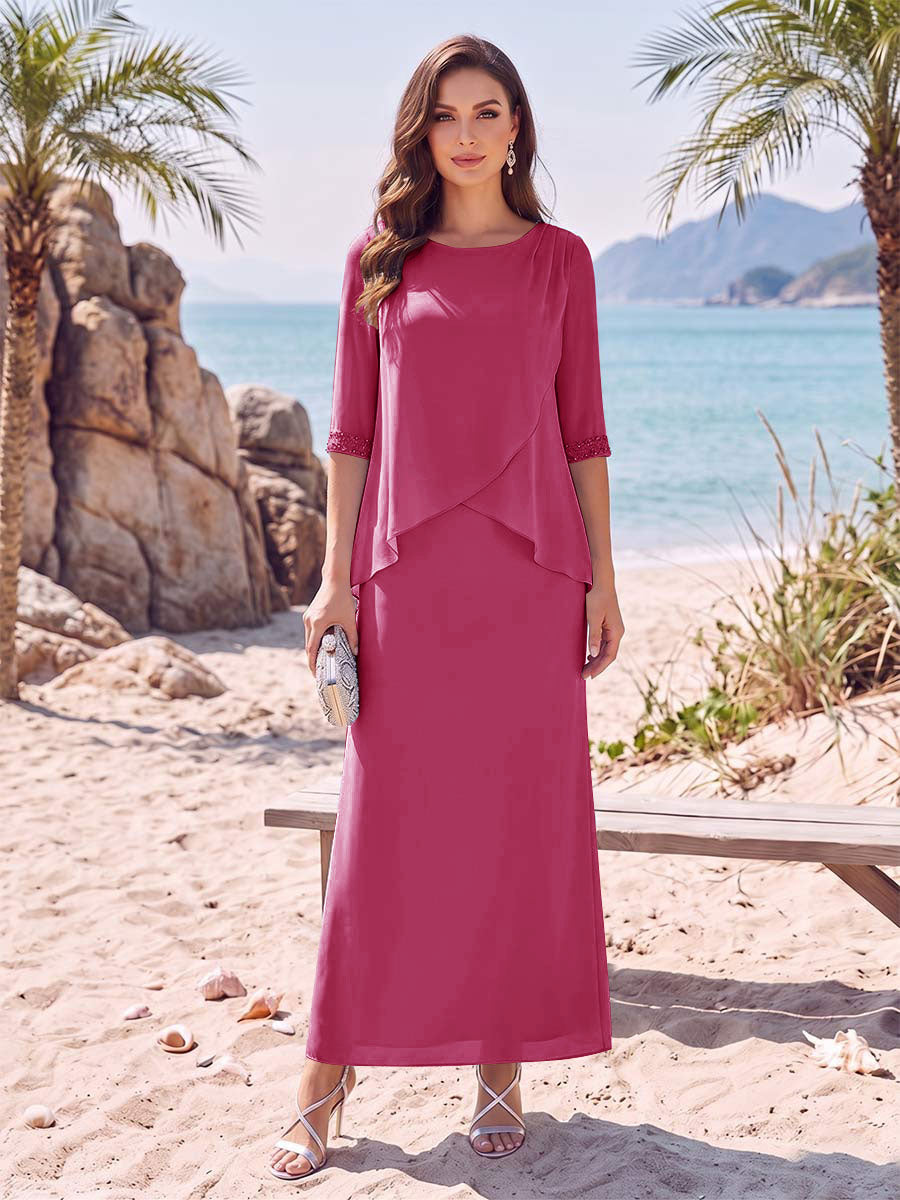 Sheath/Column Chiffon Scoop Half Sleeves Ankle-Length 2 Pieces Mother Of The Bride Dresses with Split Side