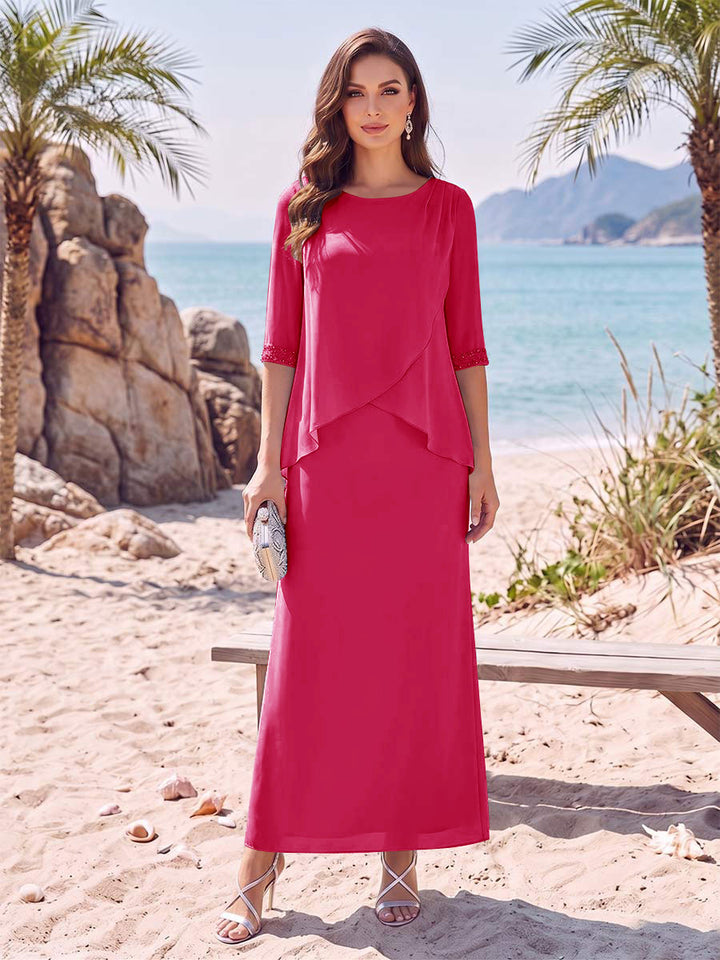 Sheath/Column Chiffon Scoop Half Sleeves Ankle-Length 2 Pieces Mother Of The Bride Dresses with Split Side