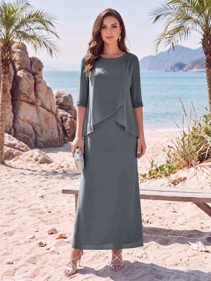 Sheath/Column Chiffon Scoop Half Sleeves Ankle-Length 2 Pieces Mother Of The Bride Dresses with Split Side