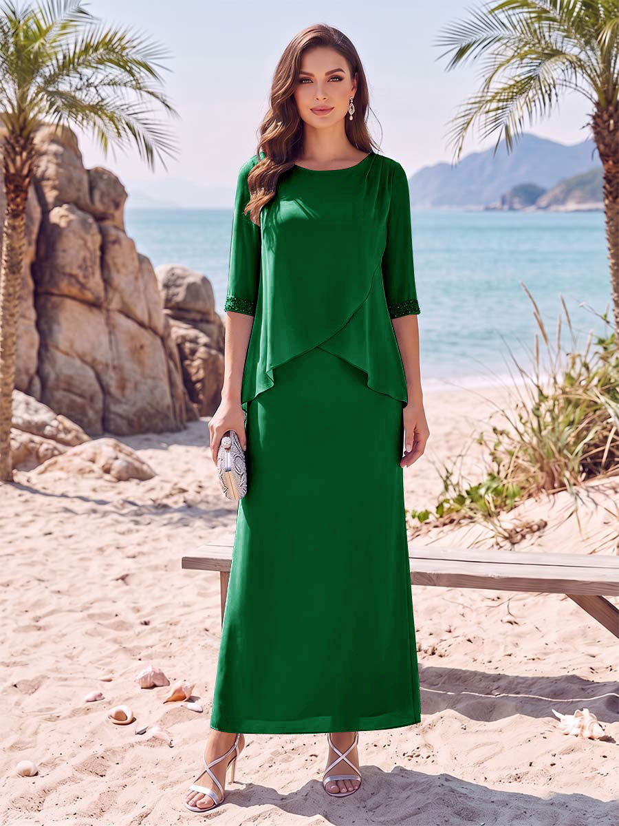 Sheath/Column Chiffon Scoop Half Sleeves Ankle-Length 2 Pieces Mother Of The Bride Dresses with Split Side
