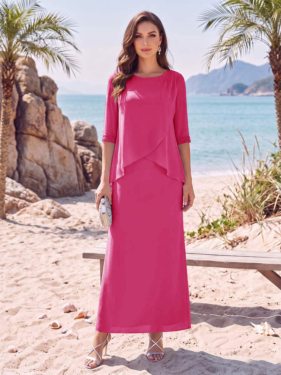 Sheath/Column Chiffon Scoop Half Sleeves Ankle-Length 2 Pieces Mother Of The Bride Dresses with Split Side