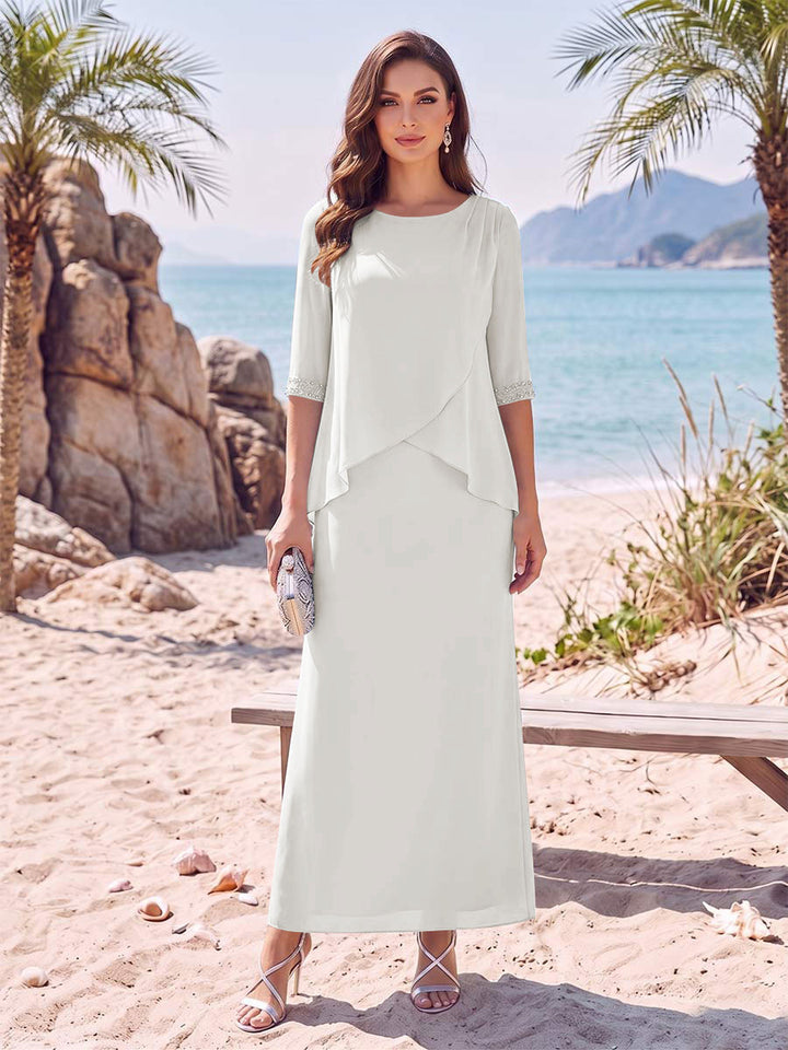 Sheath/Column Chiffon Scoop Half Sleeves Ankle-Length 2 Pieces Mother Of The Bride Dresses with Split Side