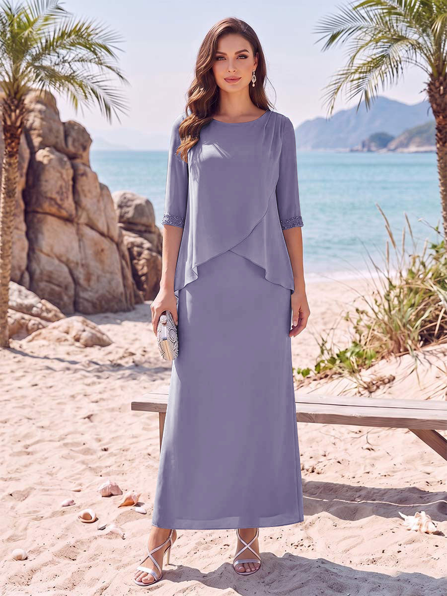 Sheath/Column Chiffon Scoop Half Sleeves Ankle-Length 2 Pieces Mother Of The Bride Dresses with Split Side