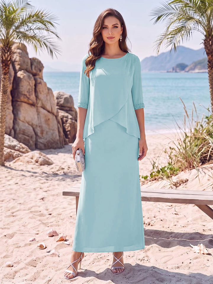 Sheath/Column Chiffon Scoop Half Sleeves Ankle-Length 2 Pieces Mother Of The Bride Dresses with Split Side