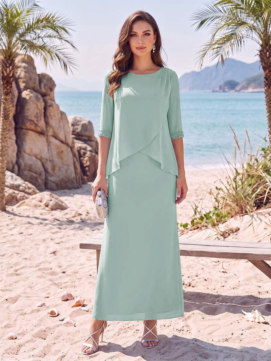 Sheath/Column Chiffon Scoop Half Sleeves Ankle-Length 2 Pieces Mother Of The Bride Dresses with Split Side