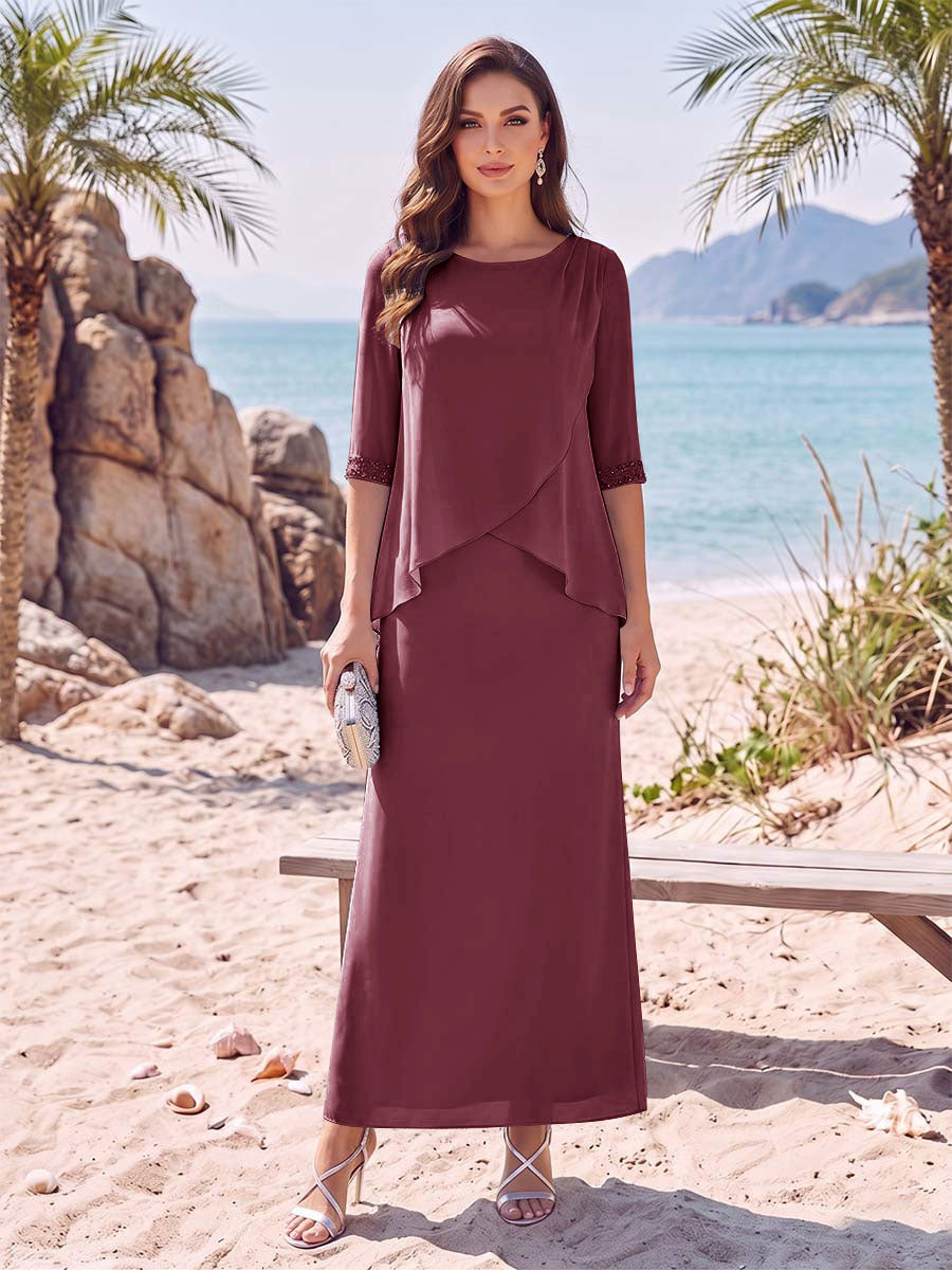 Sheath/Column Chiffon Scoop Half Sleeves Ankle-Length 2 Pieces Mother Of The Bride Dresses with Split Side
