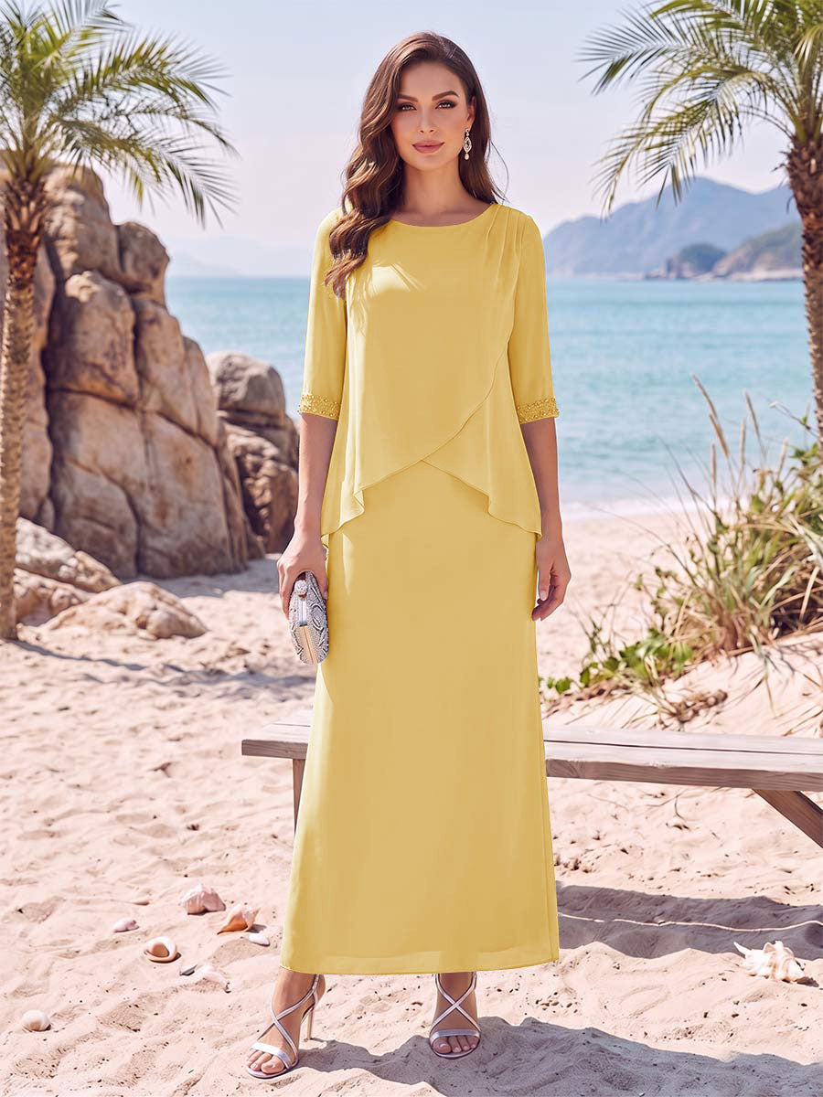 Sheath/Column Chiffon Scoop Half Sleeves Ankle-Length 2 Pieces Mother Of The Bride Dresses with Split Side