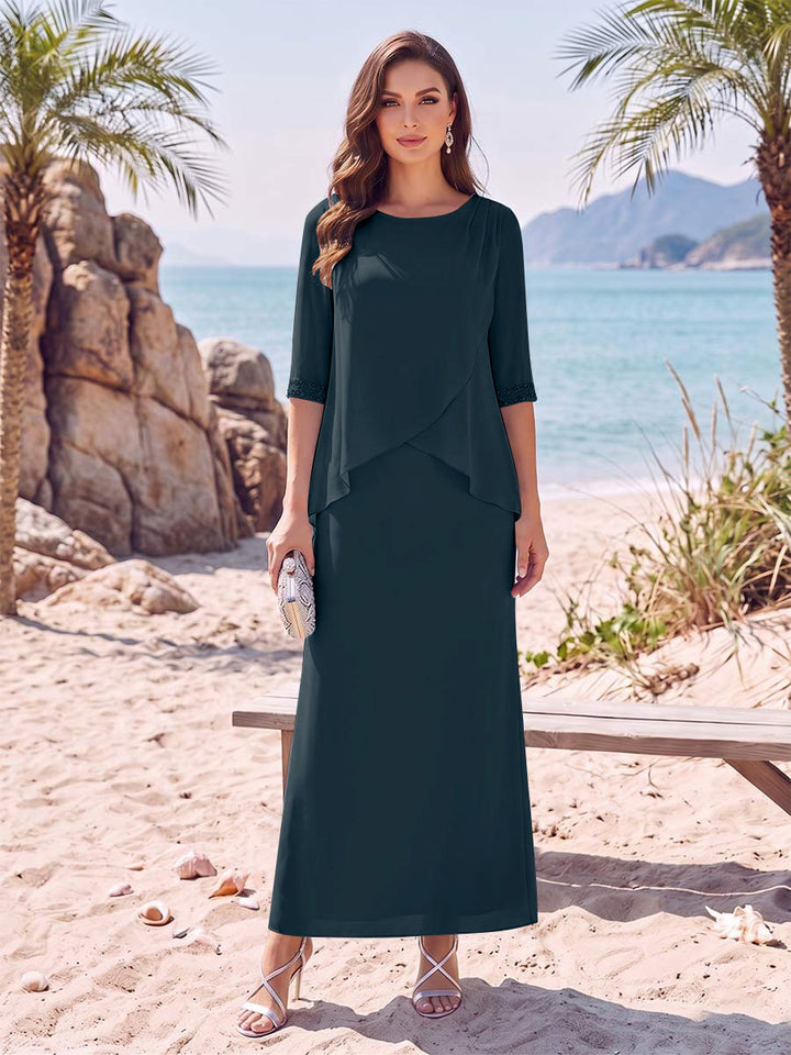 Sheath/Column Chiffon Scoop Half Sleeves Ankle-Length 2 Pieces Mother Of The Bride Dresses with Split Side