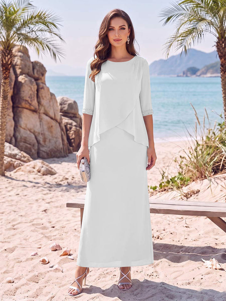 Sheath/Column Chiffon Scoop Half Sleeves Ankle-Length 2 Pieces Mother Of The Bride Dresses with Split Side