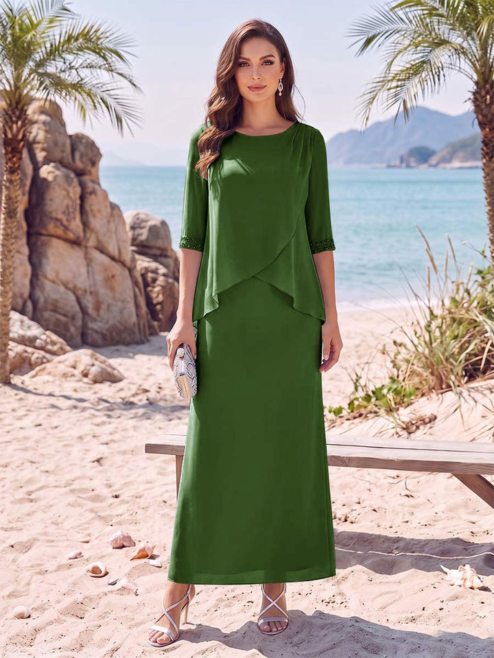 Sheath/Column Chiffon Scoop Half Sleeves Ankle-Length 2 Pieces Mother Of The Bride Dresses with Split Side
