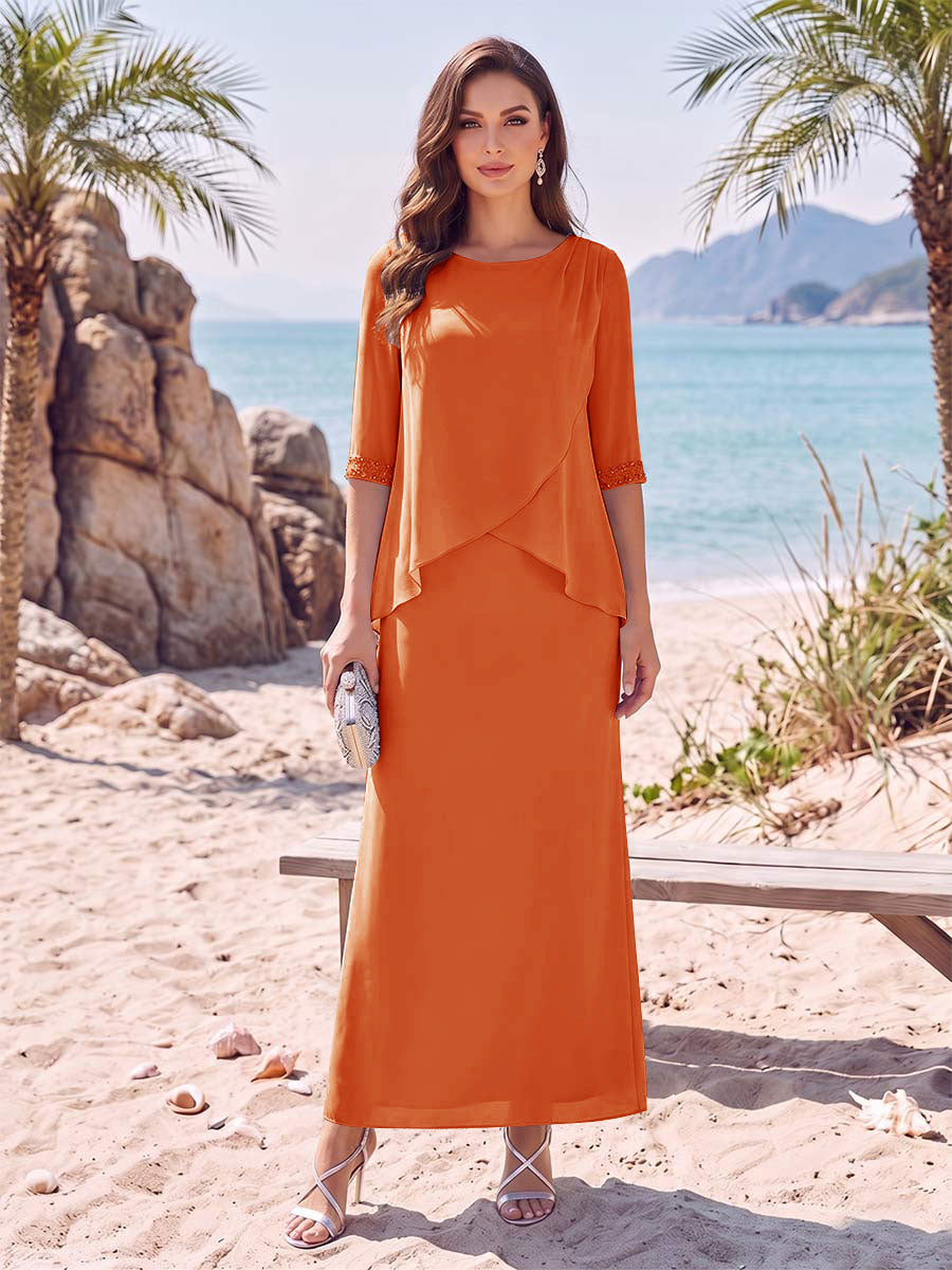 Sheath/Column Chiffon Scoop Half Sleeves Ankle-Length 2 Pieces Mother Of The Bride Dresses with Split Side