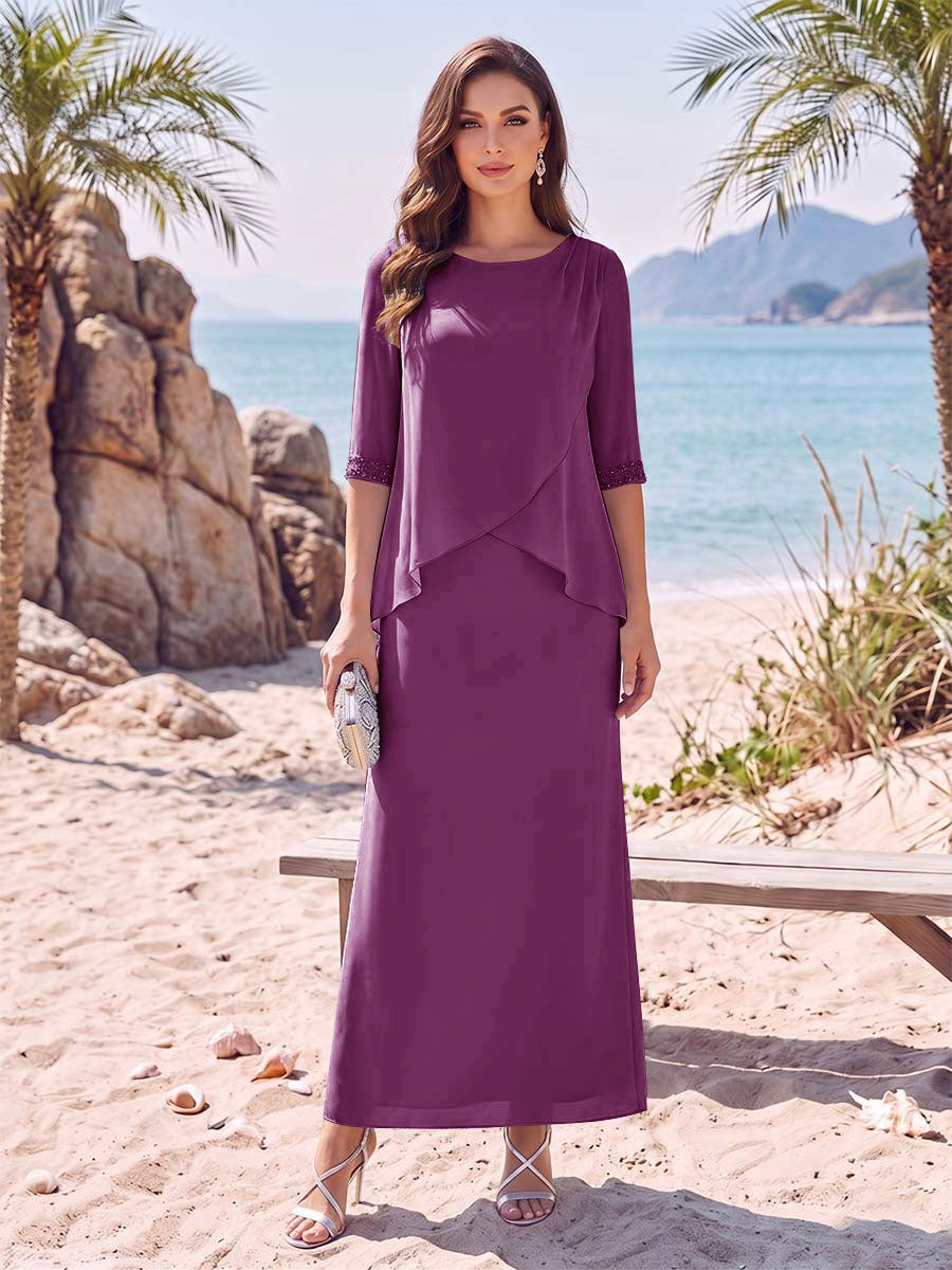 Sheath/Column Chiffon Scoop Half Sleeves Ankle-Length 2 Pieces Mother Of The Bride Dresses with Split Side