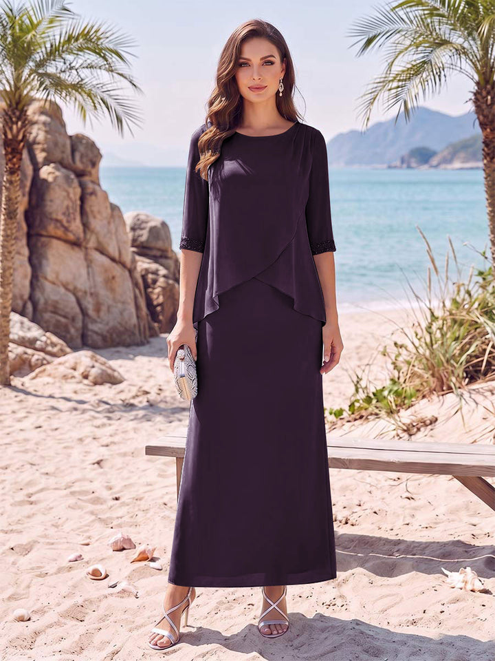 Sheath/Column Chiffon Scoop Half Sleeves Ankle-Length 2 Pieces Mother Of The Bride Dresses with Split Side
