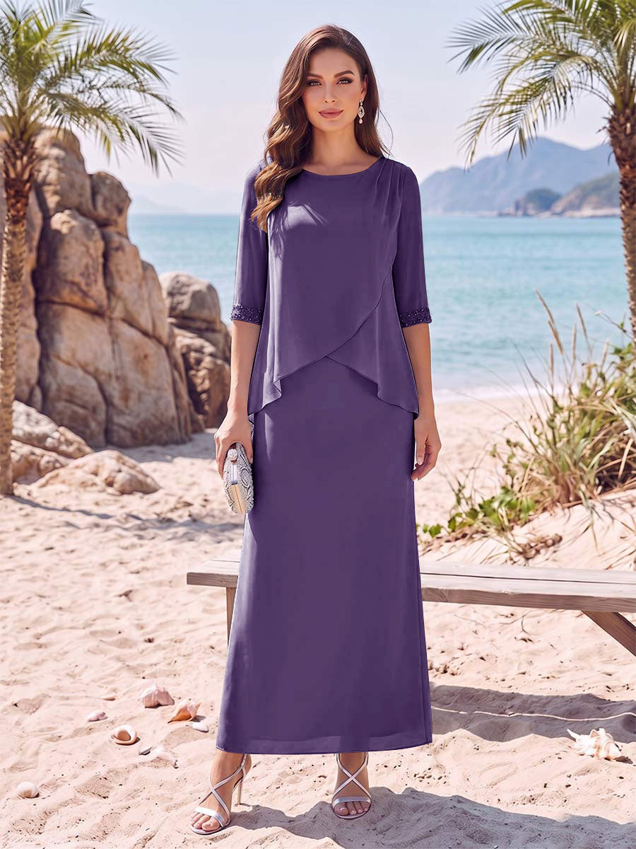 Sheath/Column Chiffon Scoop Half Sleeves Ankle-Length 2 Pieces Mother Of The Bride Dresses with Split Side