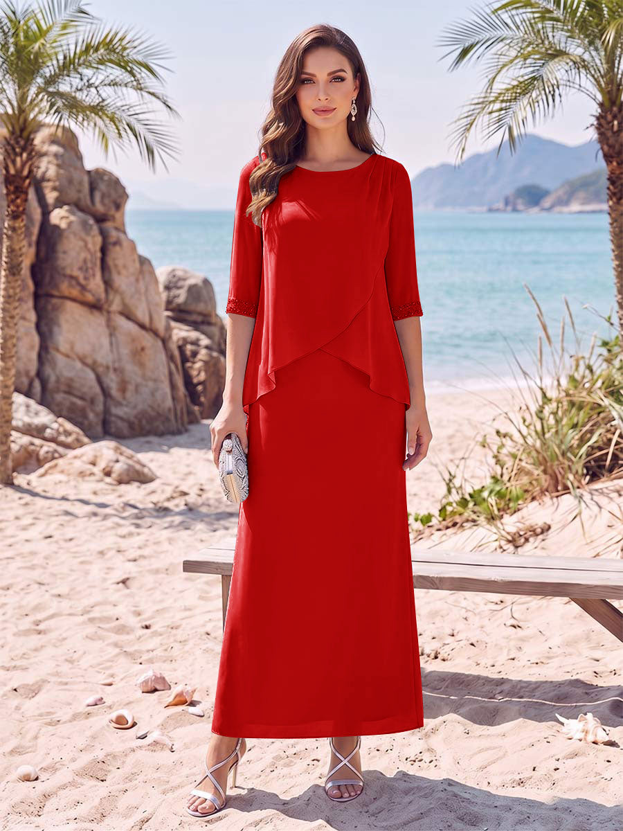 Sheath/Column Chiffon Scoop Half Sleeves Ankle-Length 2 Pieces Mother Of The Bride Dresses with Split Side