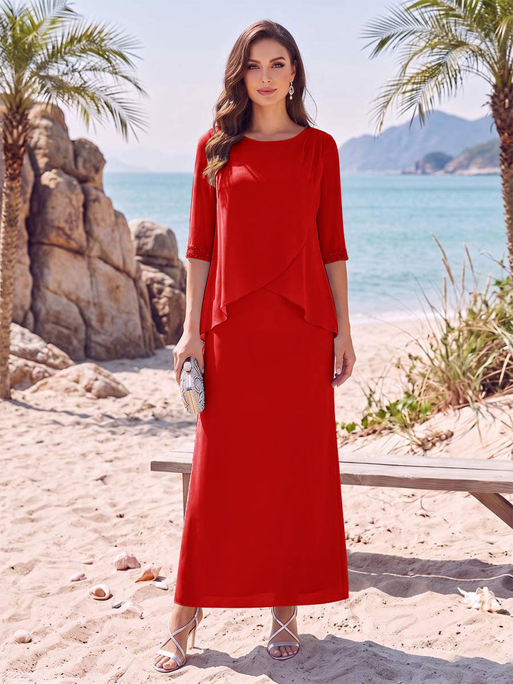 Sheath/Column Chiffon Scoop Half Sleeves Ankle-Length 2 Pieces Mother Of The Bride Dresses with Split Side