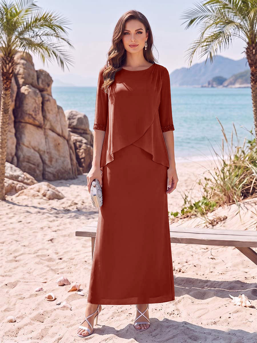 Sheath/Column Chiffon Scoop Half Sleeves Ankle-Length 2 Pieces Mother Of The Bride Dresses with Split Side