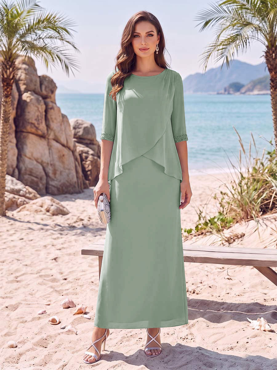 Sheath/Column Chiffon Scoop Half Sleeves Ankle-Length 2 Pieces Mother Of The Bride Dresses with Split Side