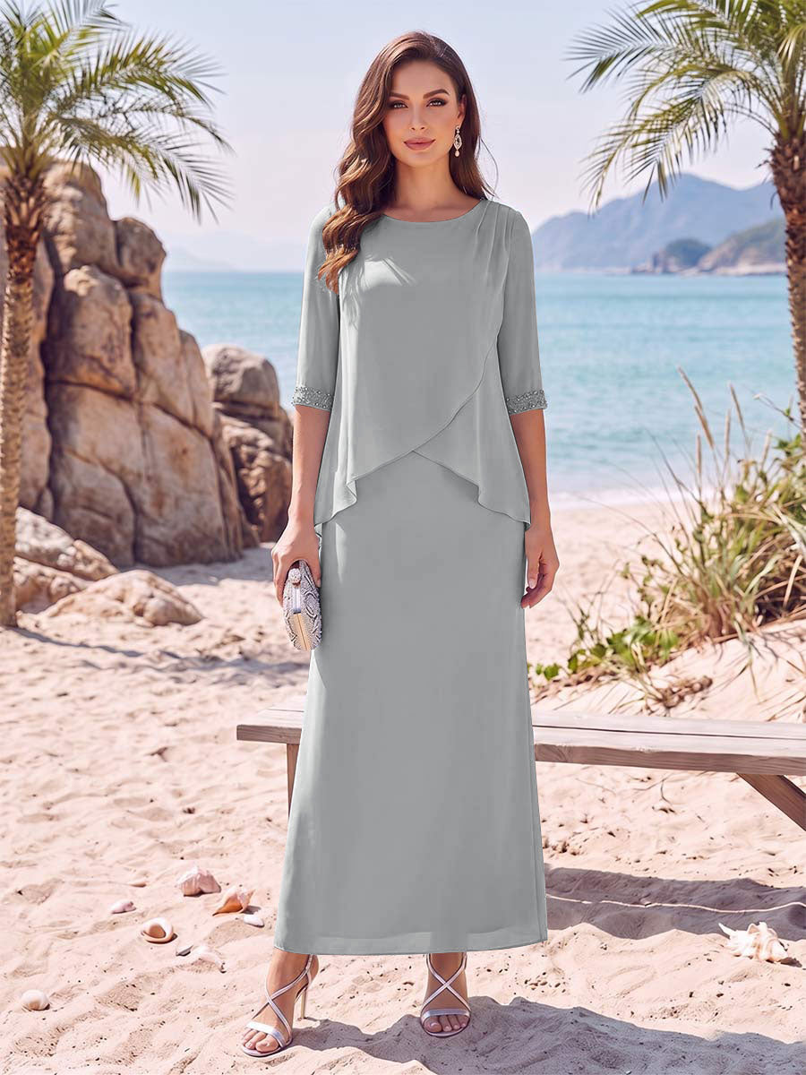 Sheath/Column Chiffon Scoop Half Sleeves Ankle-Length 2 Pieces Mother Of The Bride Dresses with Split Side