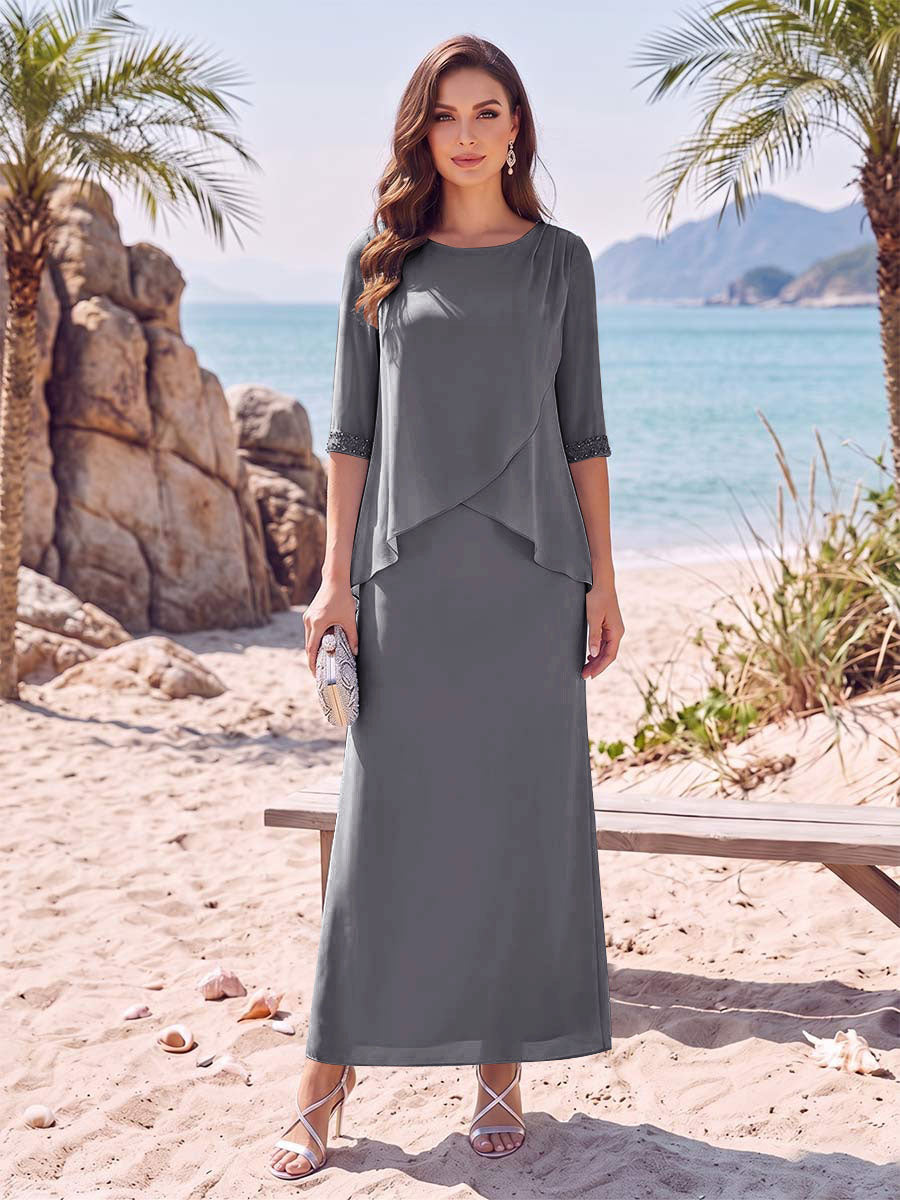 Sheath/Column Chiffon Scoop Half Sleeves Ankle-Length 2 Pieces Mother Of The Bride Dresses with Split Side