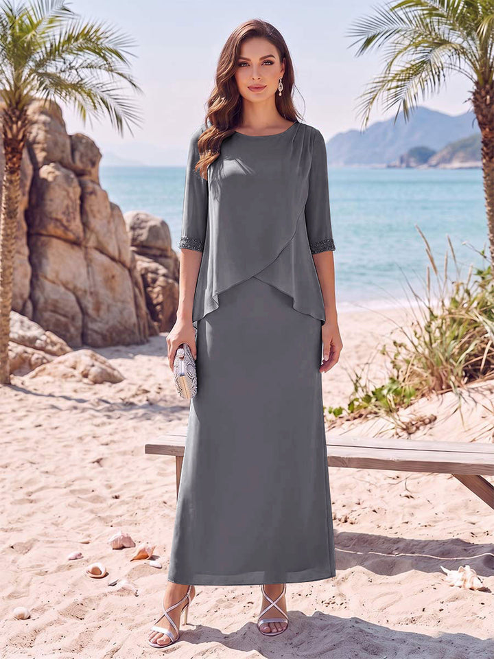 Sheath/Column Chiffon Scoop Half Sleeves Ankle-Length 2 Pieces Mother Of The Bride Dresses with Split Side