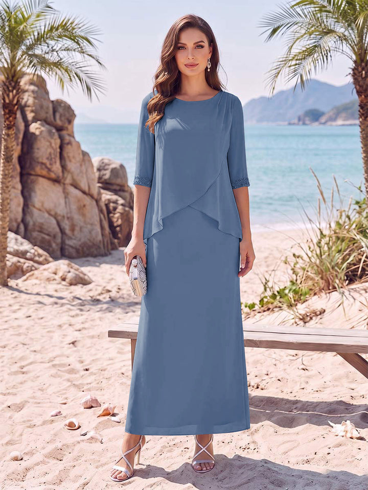 Sheath/Column Chiffon Scoop Half Sleeves Ankle-Length 2 Pieces Mother Of The Bride Dresses with Split Side