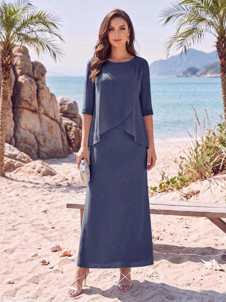 Sheath/Column Chiffon Scoop Half Sleeves Ankle-Length 2 Pieces Mother Of The Bride Dresses with Split Side
