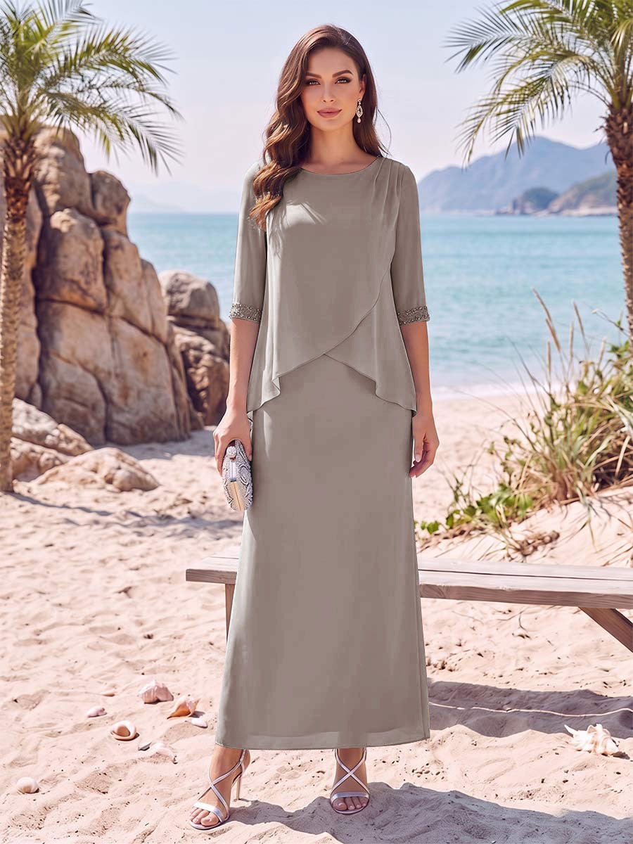 Sheath/Column Chiffon Scoop Half Sleeves Ankle-Length 2 Pieces Mother Of The Bride Dresses with Split Side