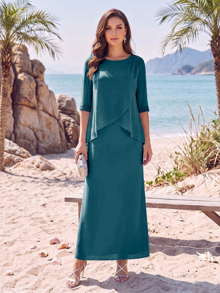 Sheath/Column Chiffon Scoop Half Sleeves Ankle-Length 2 Pieces Mother Of The Bride Dresses with Split Side