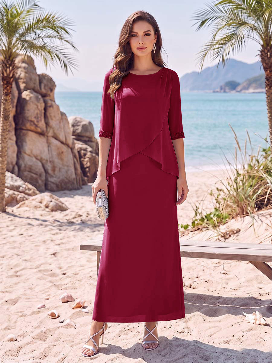 Sheath/Column Chiffon Scoop Half Sleeves Ankle-Length 2 Pieces Mother Of The Bride Dresses with Split Side