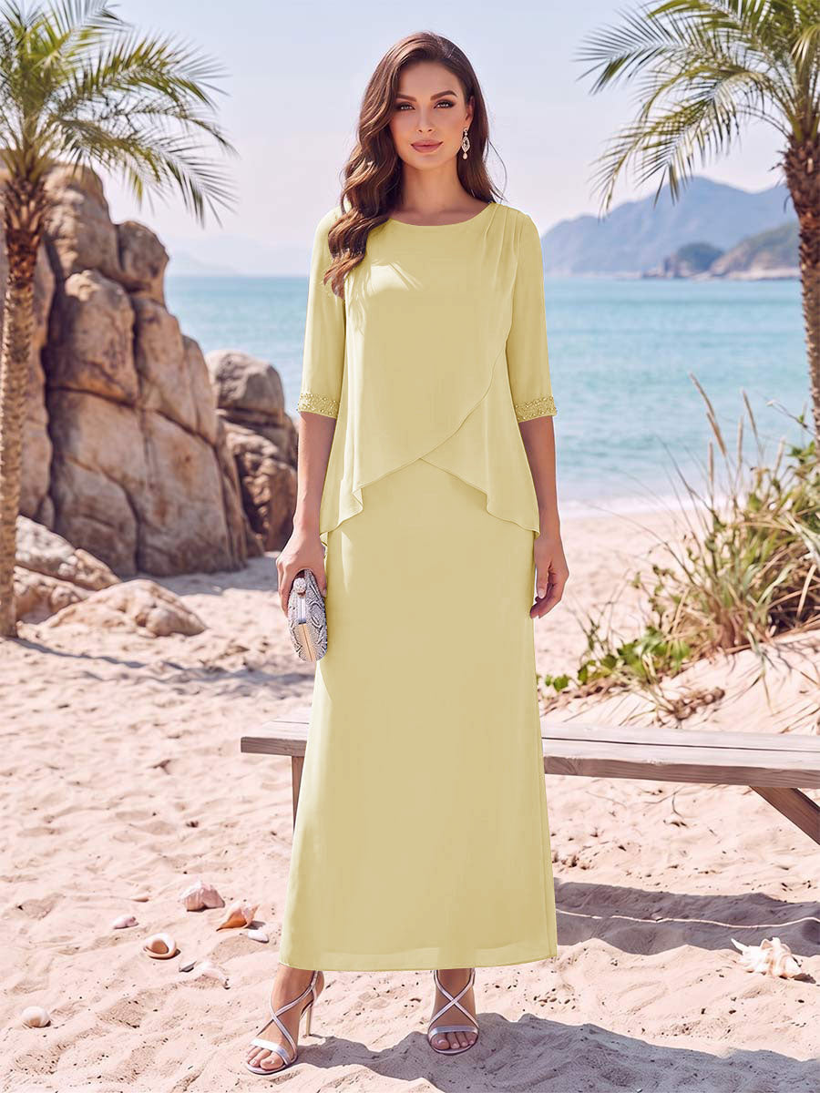 Sheath/Column Chiffon Scoop Half Sleeves Ankle-Length 2 Pieces Mother Of The Bride Dresses with Split Side
