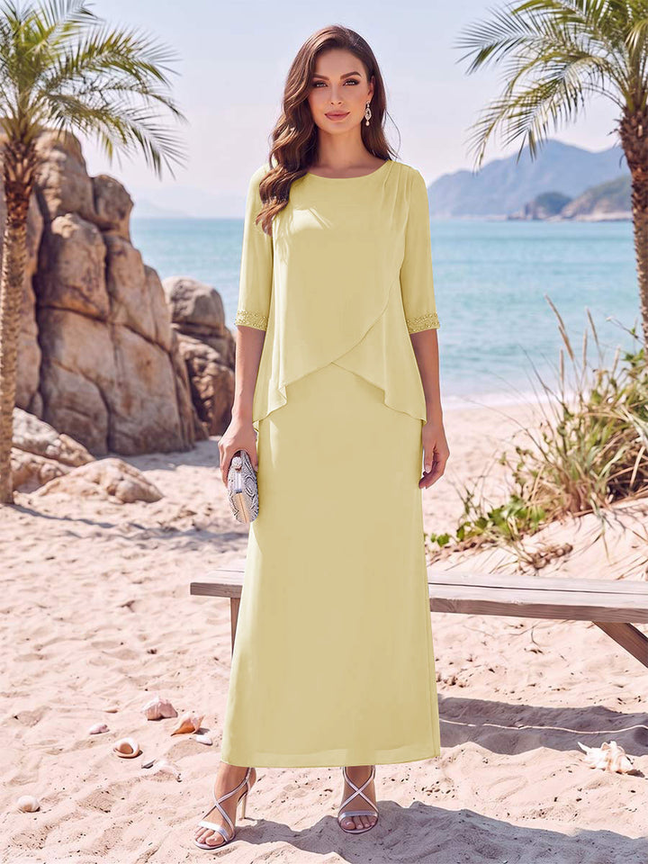 Sheath/Column Chiffon Scoop Half Sleeves Ankle-Length 2 Pieces Mother Of The Bride Dresses with Split Side