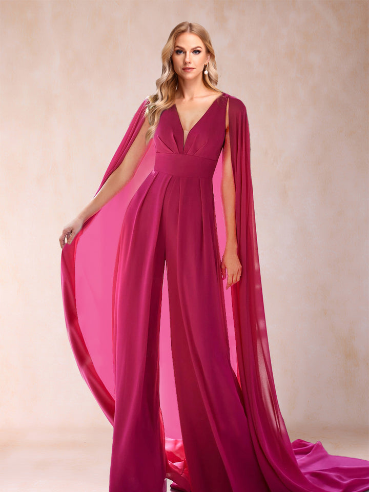 Chiffon V-Neck 2 Pieces Pantsuits with Ruffles &amp; Shawl