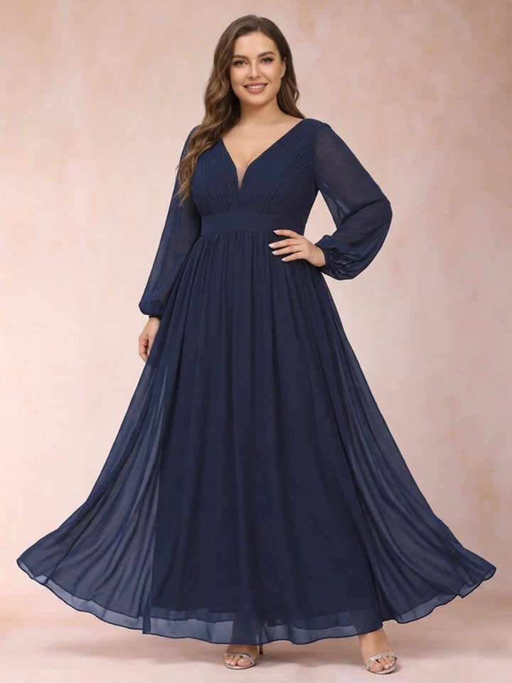 A-Line/Princess Chiffon V-Neck Long Sleeves Plus Size Mother of the Bride Dresses with Ruffles
