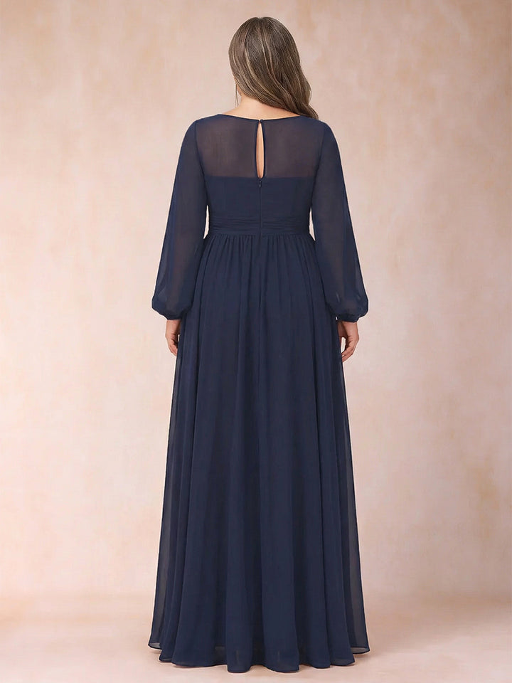 A-Line/Princess Chiffon V-Neck Long Sleeves Plus Size Mother of the Bride Dresses with Ruffles