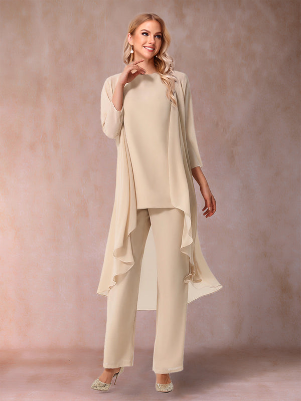 Chiffon Scoop 3/4 Sleeves 3 Pieces Pantsuits with Ruched & Jacket