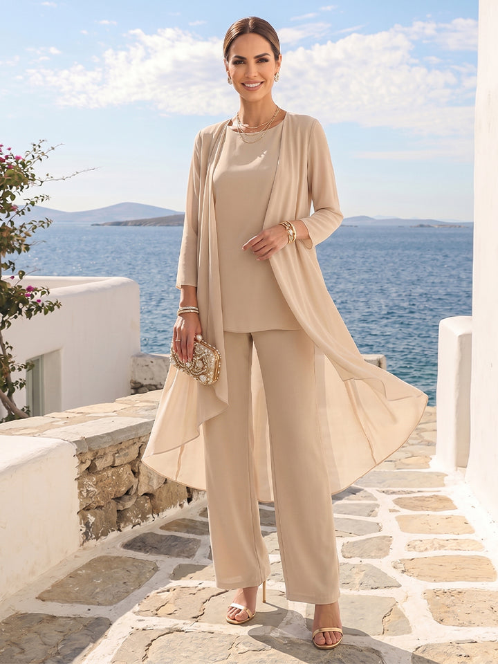Chiffon Scoop 3/4 Sleeves 3 Pieces Pantsuits with Ruched &amp; Jacket