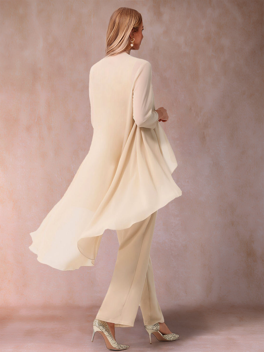 Chiffon Scoop 3/4 Sleeves 3 Pieces Pantsuits with Ruched & Jacket