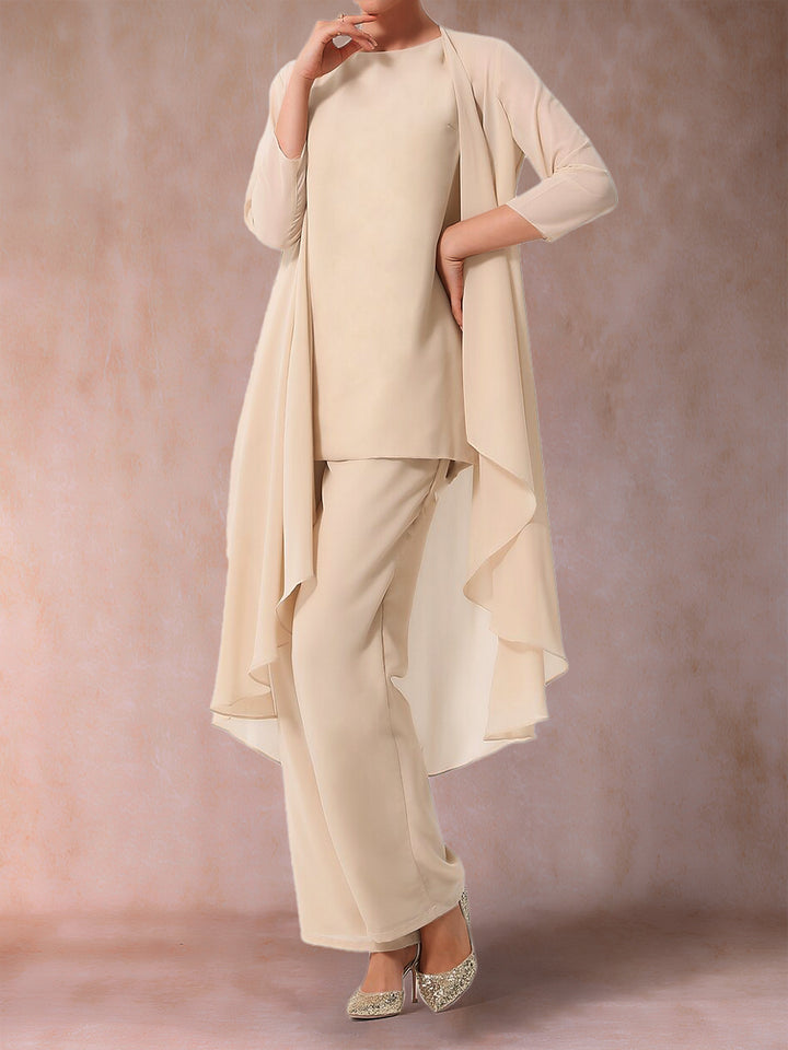 Chiffon Scoop 3/4 Sleeves 3 Pieces Pantsuits with Ruched &amp; Jacket