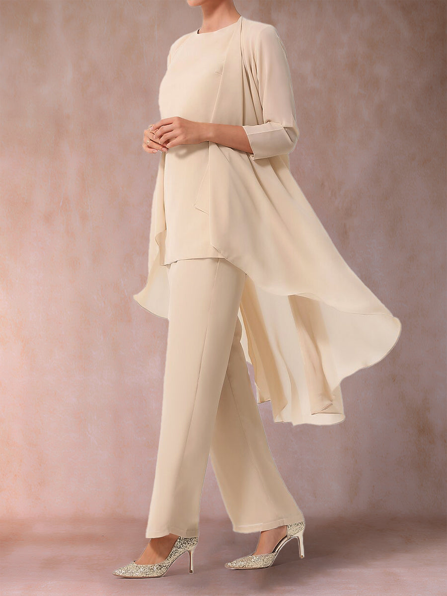 Chiffon Scoop 3/4 Sleeves 3 Pieces Pantsuits with Ruched &amp; Jacket