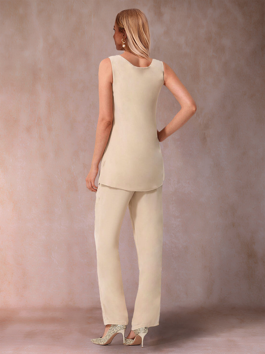 Chiffon Scoop 3/4 Sleeves 3 Pieces Pantsuits with Ruched &amp; Jacket
