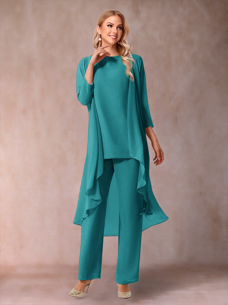 Chiffon Scoop 3/4 Sleeves 3 Pieces Pantsuits with Ruched &amp; Jacket